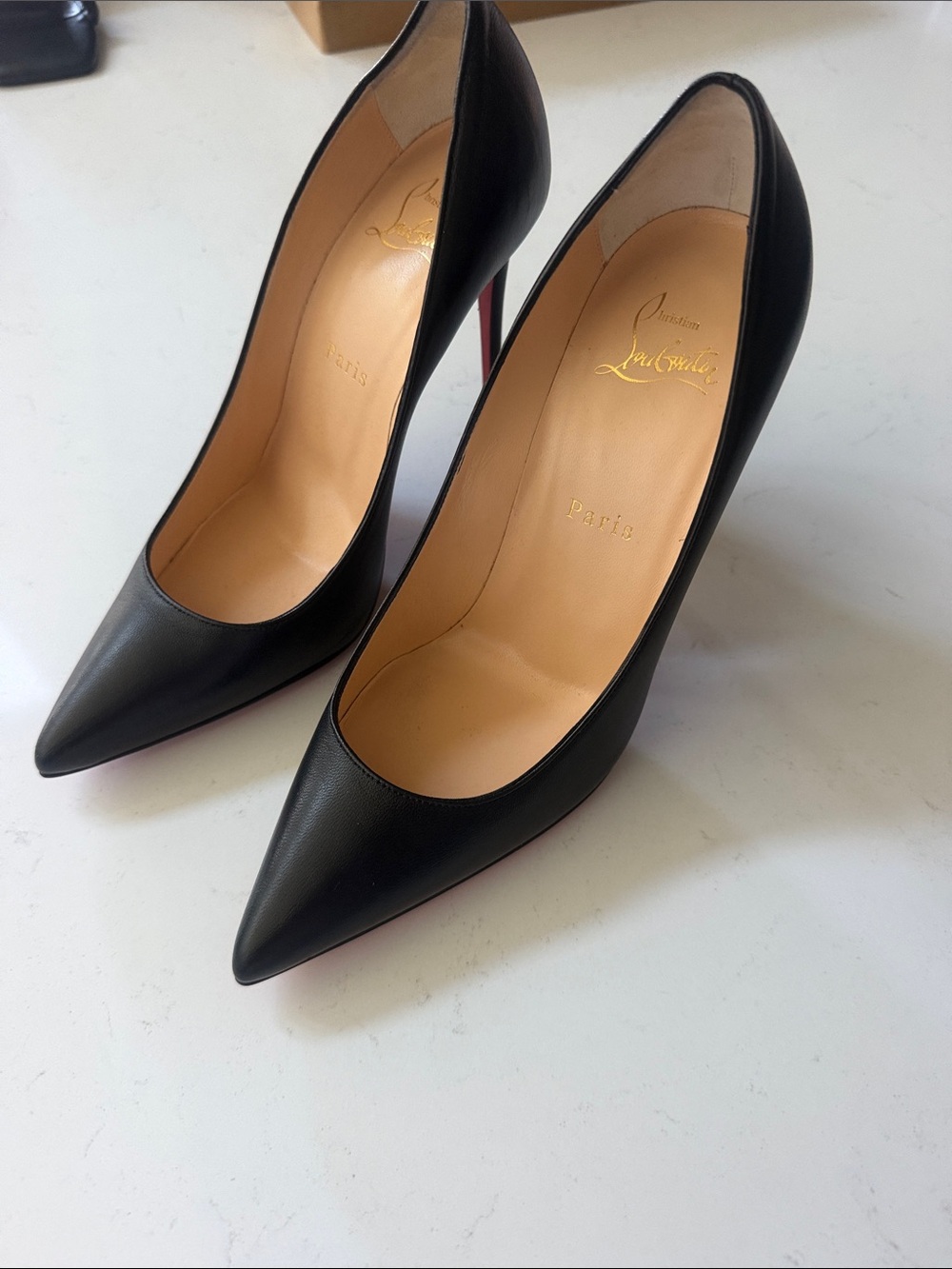 Christian Louboutin Black Leather Pointed-Toe Stilettos with Signature Red Sole